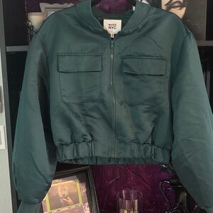 Madden NYC Green Bomber Jacket with Elastic Waistband and High Neckline